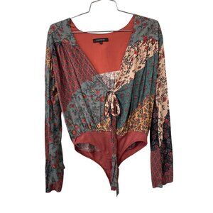 Olivaceous Bodysuit Size Small Floral Tie Front Long Sleeve Rust Blue Bohemian